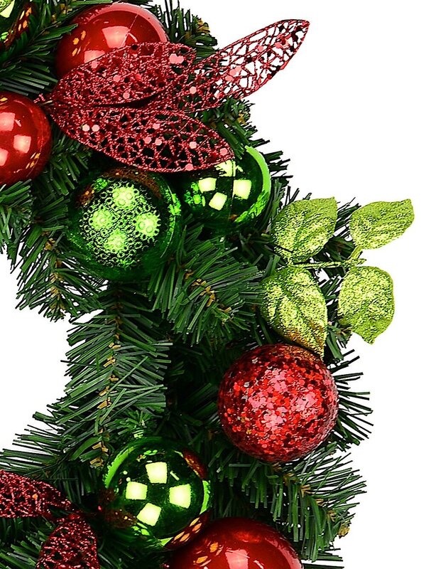 Red & Green Wreath With Baubles & Striped Ribbon - 48cm