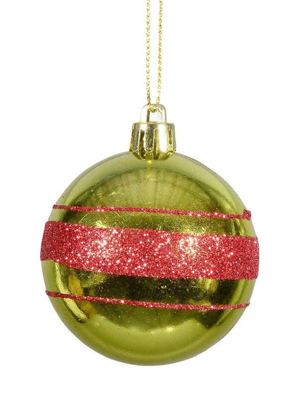 Red Matte & Green Metallic With Glitter Stripes Christmas Baubles - 6 x 60mm