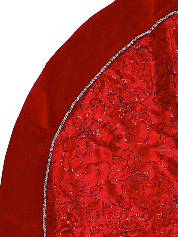 Red Organza With Red Velvet Trim & Silver Cord Christmas Tree Skirt - 1.2m