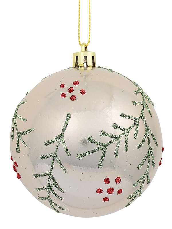 Red & Pearl Christmas Baubles With Glitter Leaves & Dots Pattern - 4 x 80mm — image 2