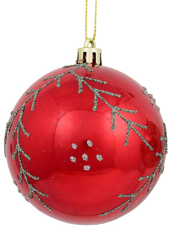 Red & Pearl Christmas Baubles With Glitter Leaves & Dots Pattern - 4 x 80mm — image 3