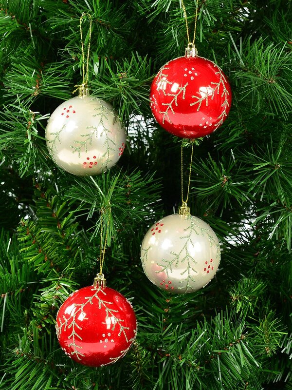 Red & Pearl Christmas Baubles With Glittered Leaves & Dots Pattern - 6 x 60mm — image 5