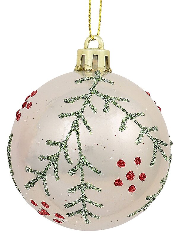 Red & Pearl Christmas Baubles With Glittered Leaves & Dots Pattern - 6 x 60mm — image 3