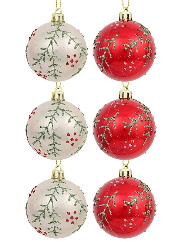 Red & Pearl Christmas Baubles With Glittered Leaves & Dots Pattern - 6 x 60mm — image 2