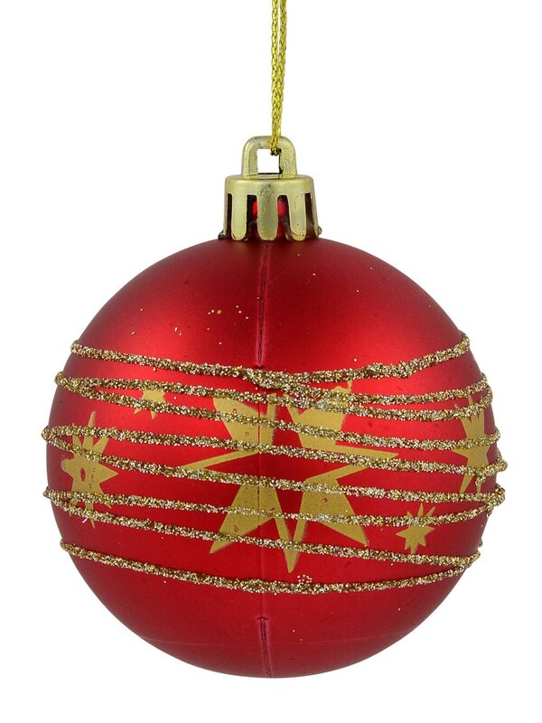 Red Shiny & Matte Baubles With Gold Stars & Glitter Stripes Design - 6 x 60mm — image 3