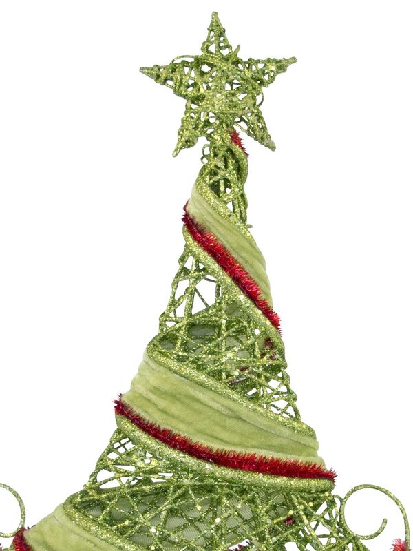 Red Tinsel & Green Velvet Wrapped Table Top Tree - 50cm — image 2