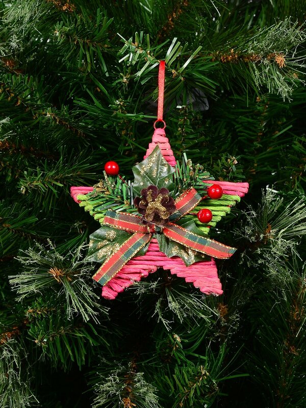 Red Twine Star With Green Foliage Christmas Tree Hanging Decoration - 12cm — image 4
