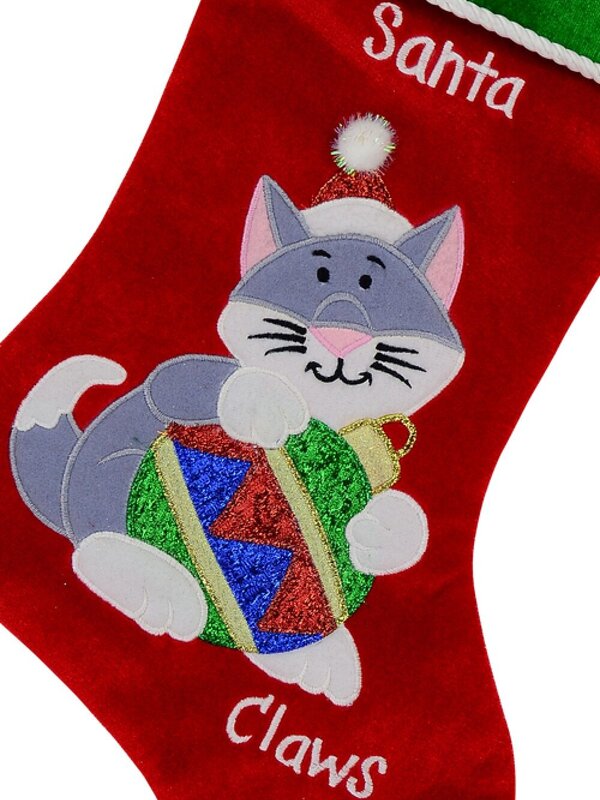 Red Velvet Santa Claws With Cat Embroidery Christmas Stocking - 40cm