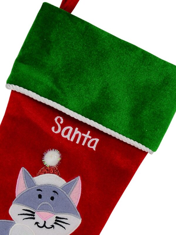 Red Velvet Santa Claws With Cat Embroidery Christmas Stocking - 40cm