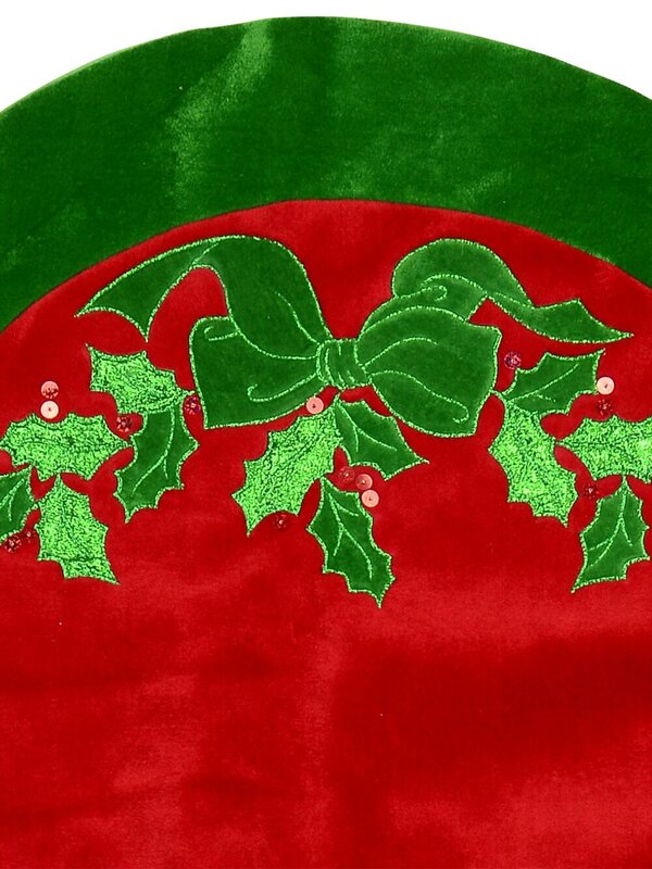 Red Velvet Scalloped Tree Skirt With Green Border & Holly Leaf Design - 1.2m