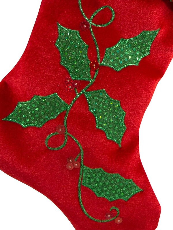 Red Velvet Stocking With Holly Vine - 47cm