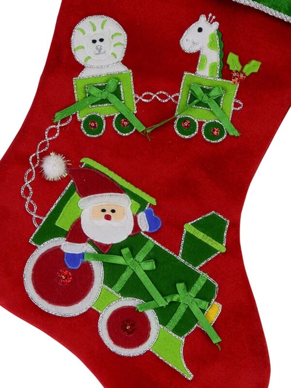 Red Velvet With Green Santa Train & Toys Applique Christmas Stocking - 48cm — image 3