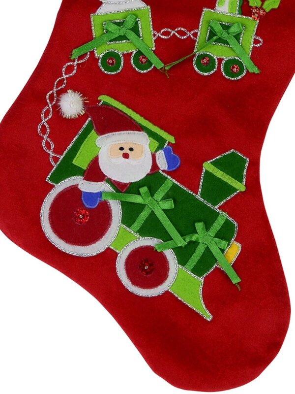 Red Velvet With Green Santa Train & Toys Applique Christmas Stocking - 48cm — image 4