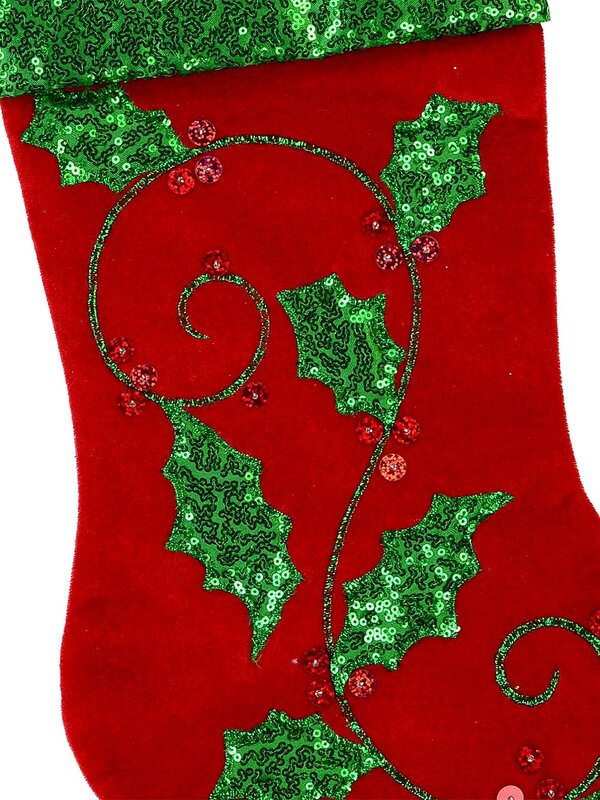 Red Velvet With Sequin Holly Leaf, Berries & Green Sequin Cuff Stocking - 48cm