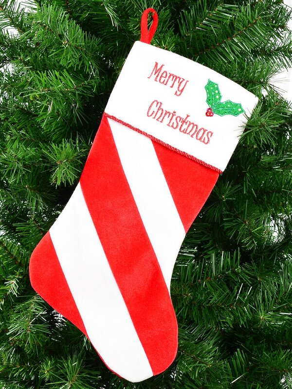 Red & White Stripe With Font & Holly Applique Velvet Christmas Stocking - 48cm — image 5