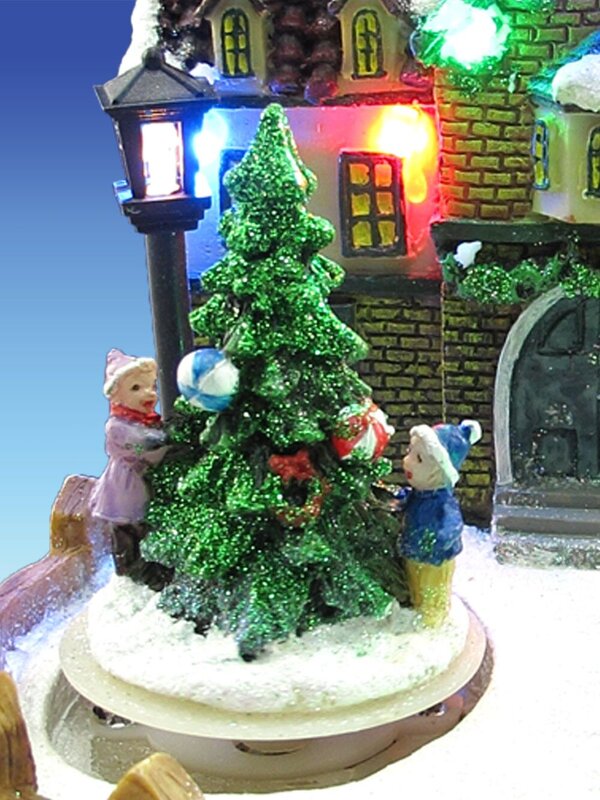 Resin House Scene With Animated Tree Illuminated Ornament - 19cm