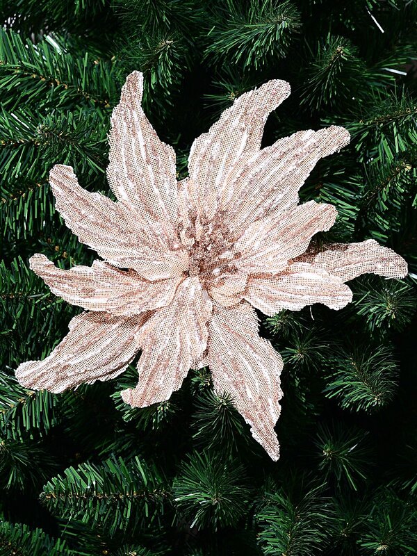 Rose Gold Textured & Glitter Mesh Poinsettia Christmas Tree Clip Pick | 28cm — image 2