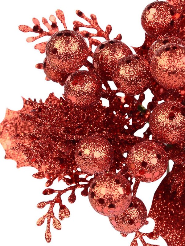 Ruby Red Glittered Berry With Twigs & Leaves Christmas Floral Pick - 20cm