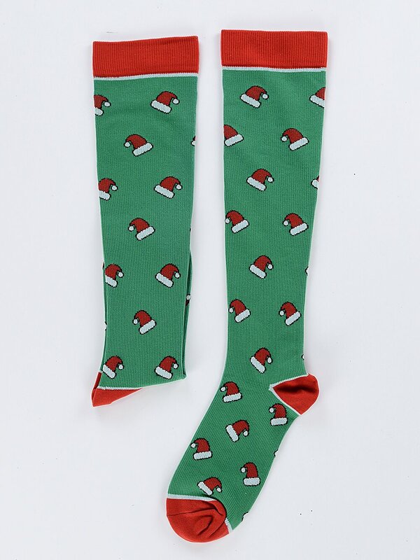 Santa Hats Pattern Design Green Long Christmas Socks - One Size Fits Most