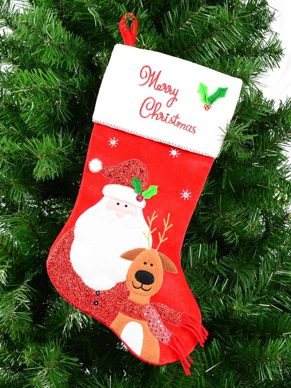 Santa & Reindeer Applique With Font & Holly Velvet Christmas Stocking - 48cm — image 5