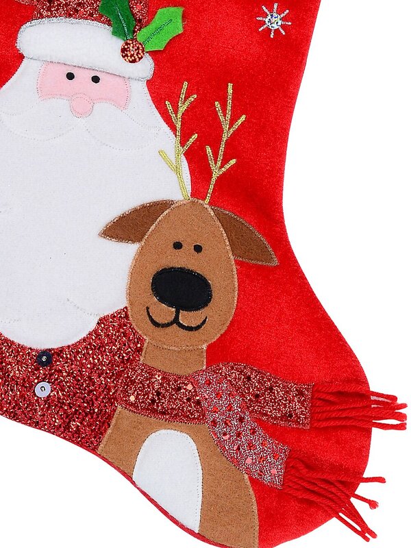Santa & Reindeer Applique With Font & Holly Velvet Christmas Stocking - 48cm — image 4
