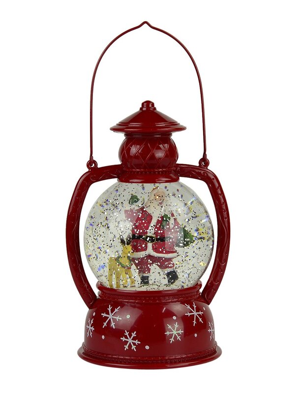 Santa & Reindeer In Hurricane Lamp Snow Globe Ornament - 20cm
