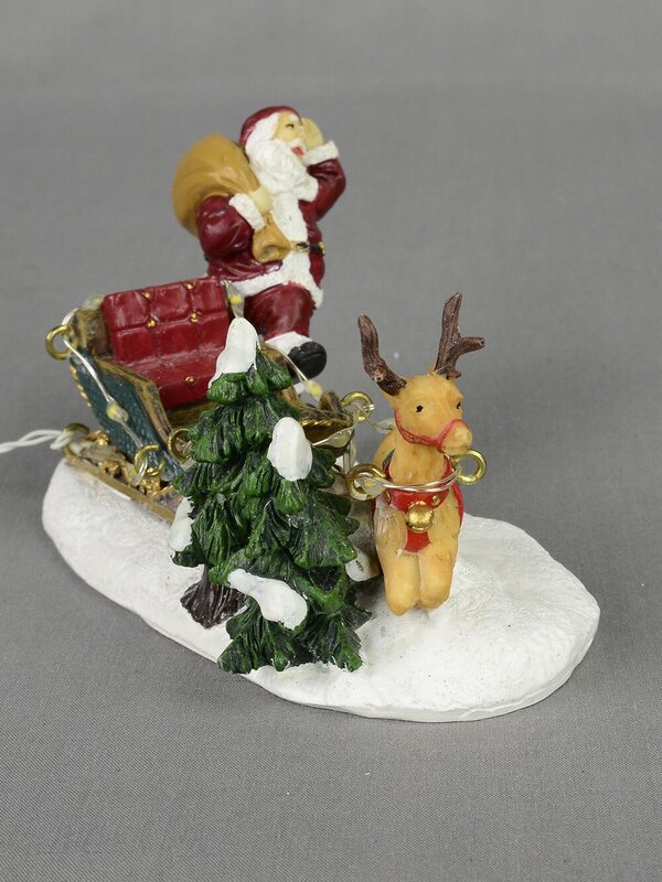 Santa, Sleigh & Reindeer With Illuminated Reins Resin Figurine - 12cm