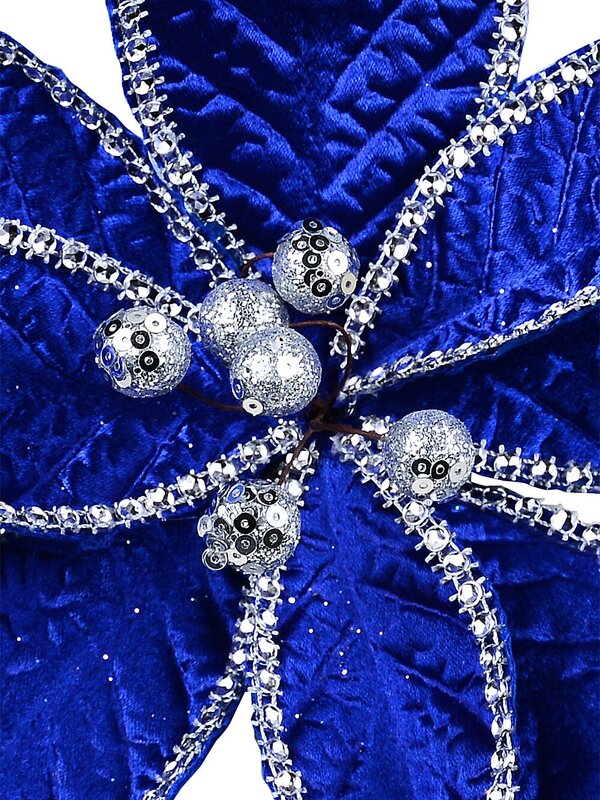 Sapphire Blue Velvet & Diamante Poinsettia Christmas Tree Clip Pick | 26cm — image 3