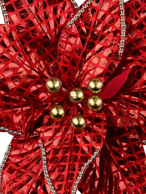 Shiny Red Grid Pattern & Gold Beads Poinsettia Christmas Tree Clip Pick | 36cm — image 3
