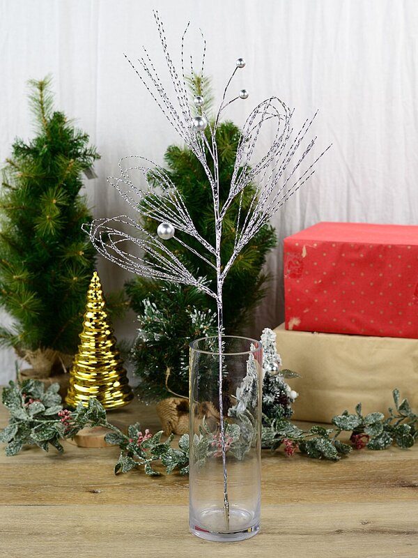 Shiny Silver With Matte Baubles Twig Spray Long Christmas Stem | 75cm — image 2