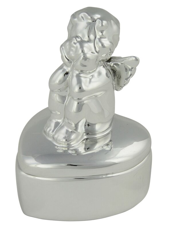 Silver Cupid On Heart Shaped Box Keepsake Ceramic Christmas Ornament - 13cm