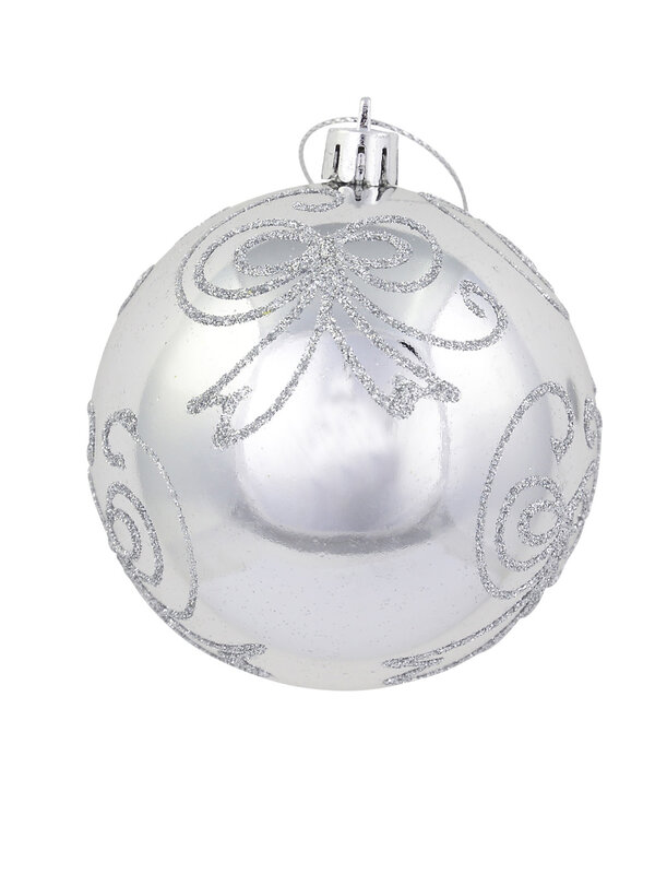 Silver Metallic Baubles With Silver Glitter Bow Design - 4 x 80mm