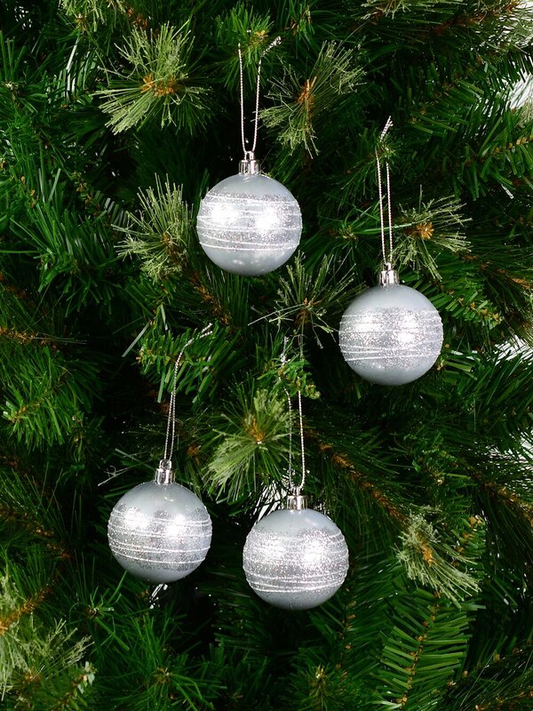 Silver Pearl Baubles With Silver Glittered White Stripes - 12 x 60mm  — image 3
