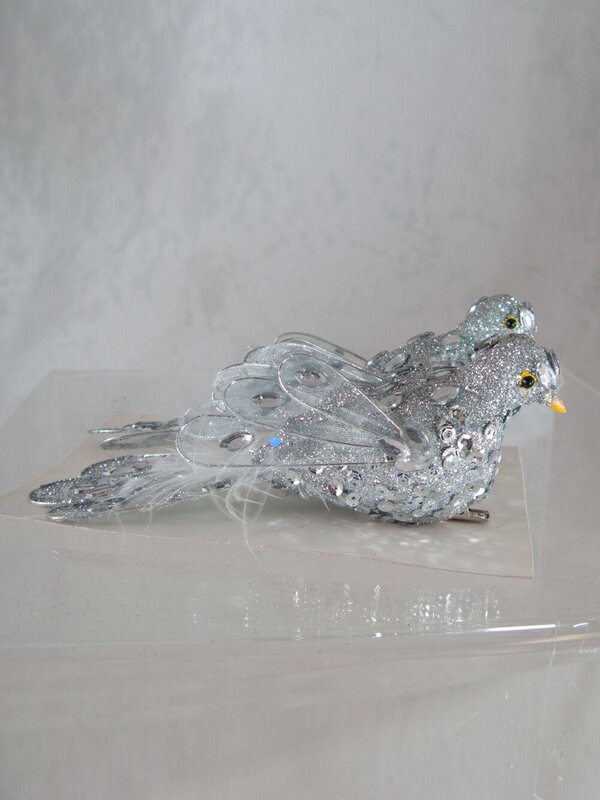 Silver Sequin Glitter Birds - 2 x 14cm