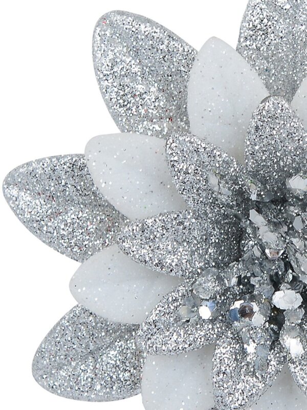 Silver & White Glittered Lotus Flower Christmas Tree Hanging Decoration - 11cm — image 2