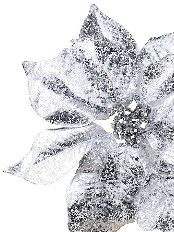 Silver With Sequins Poinsettia Decorative Christmas Floral Pick - 28cm