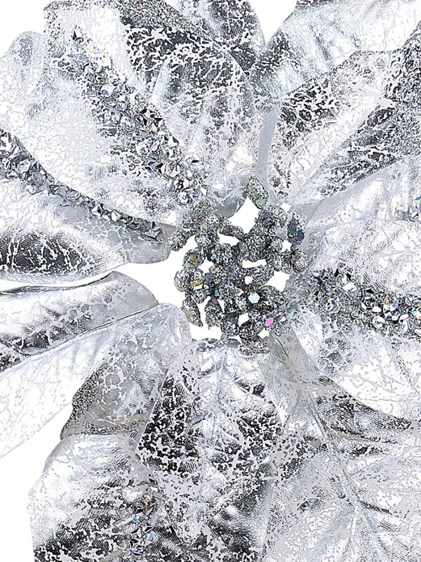 Silver With Sequins Poinsettia Decorative Christmas Floral Pick - 28cm