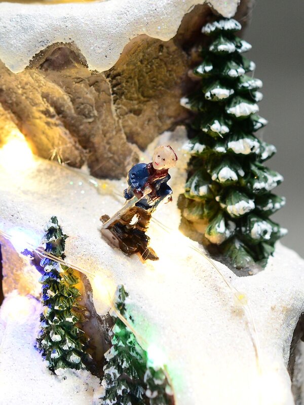 Ski Mountain Village Scene with LED Lights & Moving Figures - 30cm