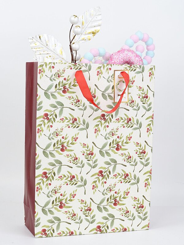 Small Ivory Christmas Berry Branch Gift Bag With Glitter | 23cm — image 2