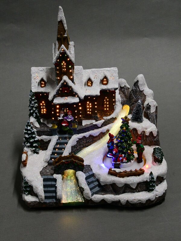 Snow Capped Church Village Scene With Moving Children & Led Lights - 25cm