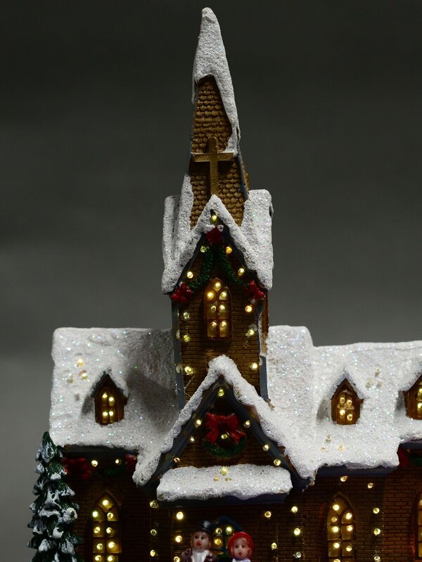 Snow Capped Church Village Scene With Moving Children & Led Lights - 25cm