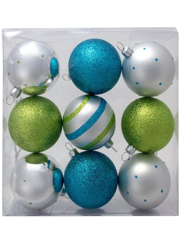 Turquoise, Lime & Silver Baubles With Assorted Patterns - 9 x 60mm — image 2