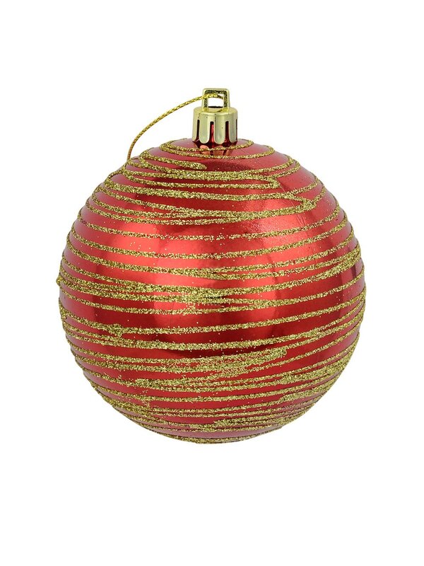 Watermelon Red Metallic Baubles With Glitter & Stripe Designs - 4 x 80mm