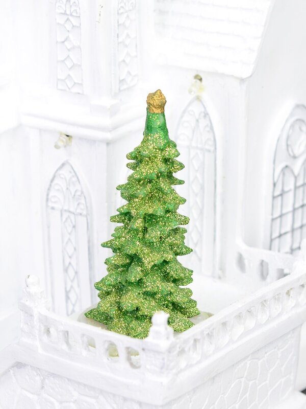 White Church With Revolving Christmas Tree - 37cm