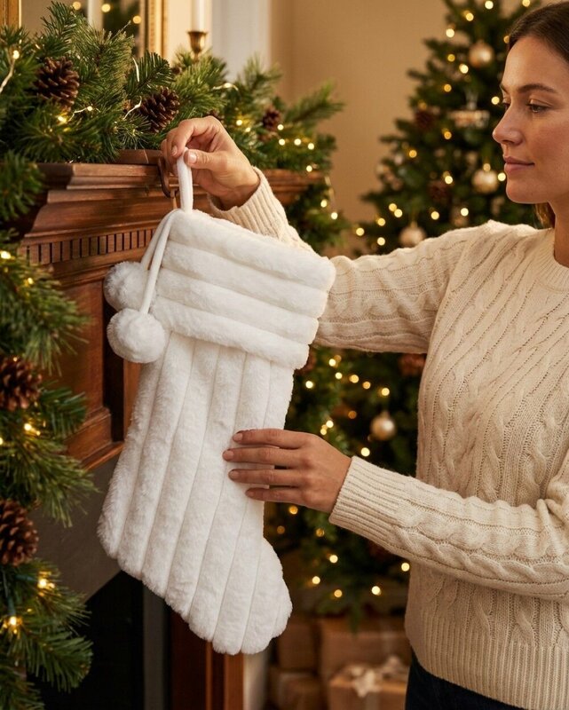 White Faux Fur Ribbed Stocking With Pom Poms | 48cm — image 3