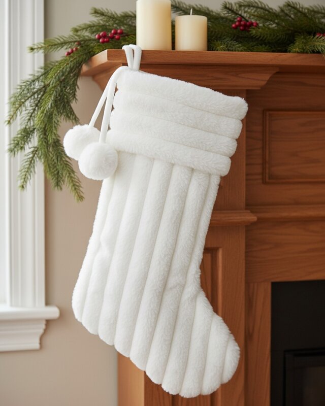 White Faux Fur Ribbed Stocking With Pom Poms | 48cm — image 2