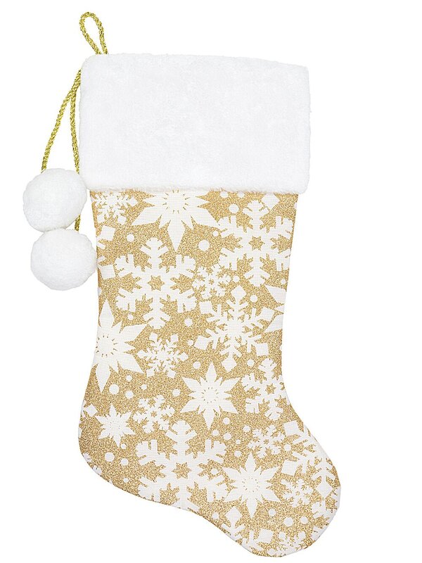 White Satin & Gold Glitter Snowflakes Christmas Stocking With Pom Poms | 48cm — image 3