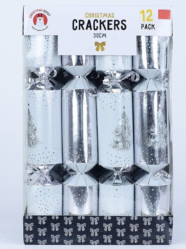 White & Shiny Silver With Tree & Stars Christmas Cracker Bon Bons - 12 x 30cm — image 2
