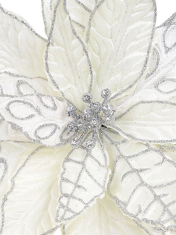 White & Silver Trim Poinsettia Pick With Clip - 29cm