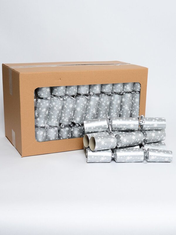 White Stars Pattern Design On Silver Christmas Cracker Bon Bons - 50 x 30cm